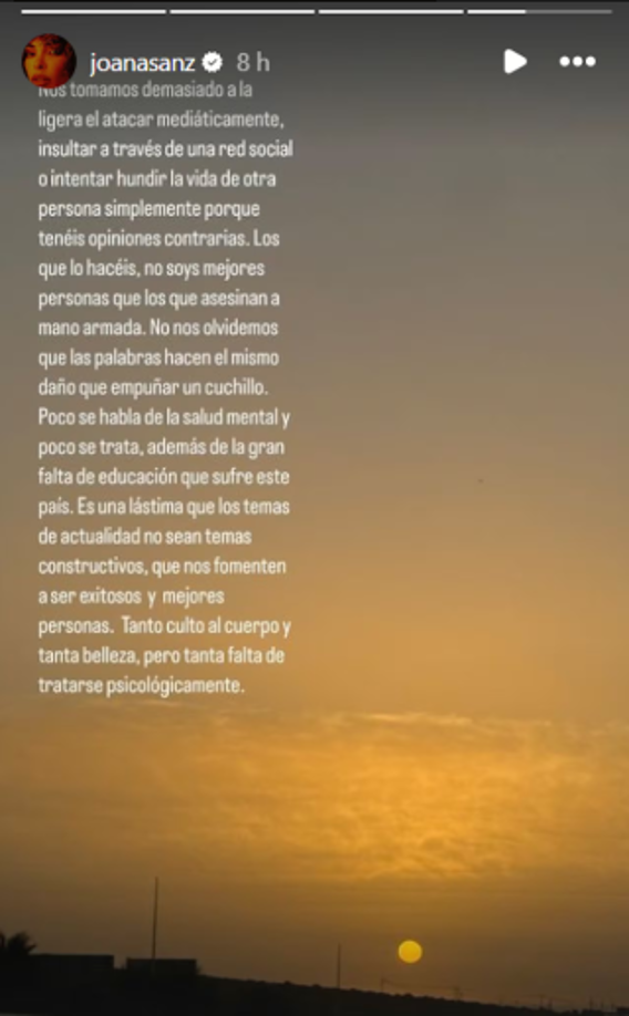 Este fue el comunicado de Joana Sanz tras los comentarios que recibe en redes sociales.