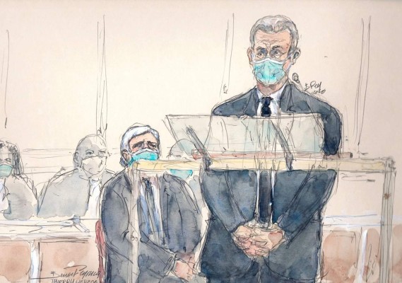 A courtroom sketch made on November 23, 2020 shows former French president Nicolas Sarkozy during the opening hearing of his trial for attempted bribery of a judge at Paris' courthouse. - Prosecutors say Sarkozy promised the judge a plush job in Monaco in exchange for inside information on a separate inquiry into claims he had accepted illicit payments from L'Oreal heiress Liliane Bettencourt during his 2007 presidential campaign. Though he is not the first modern French head of state in the dock, Sarkozy is the first to face corruption charges. (Photo by Benoit PEYRUCQ / AFP) / ----IMAGE RESTRICTED TO EDITORIAL USE - STRICTLY NO COMMERCIAL USE-----