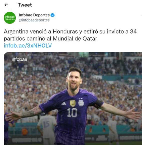 Infobae Deportes: “Argentina venció a Honduras y estiró su invicto a 34 partidos camino al Mundial de Qatar.”
