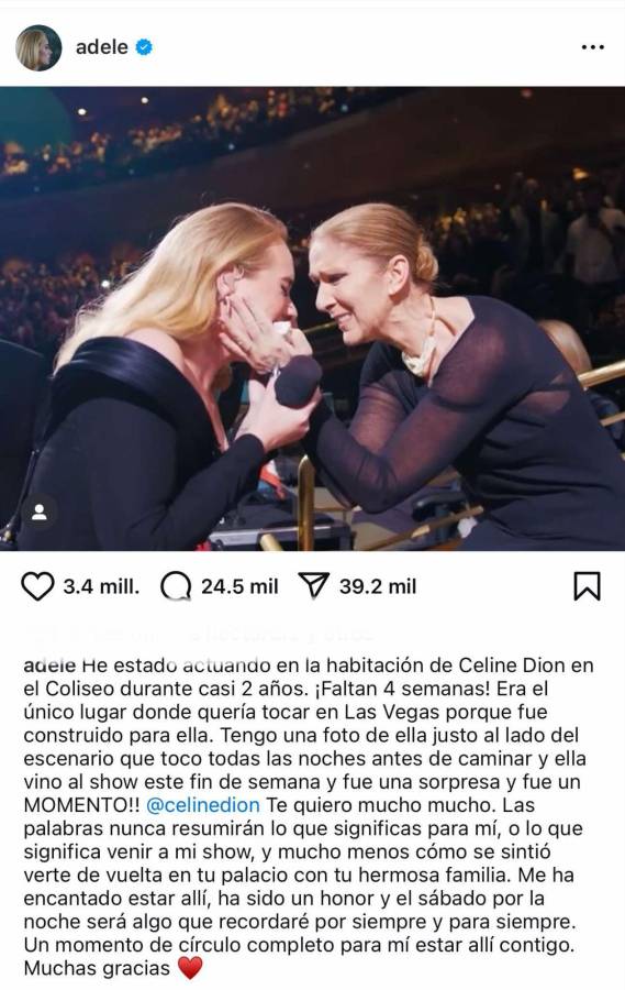 Tras encuentro con Celine Dion, Adele rinde homenaje a la cantante