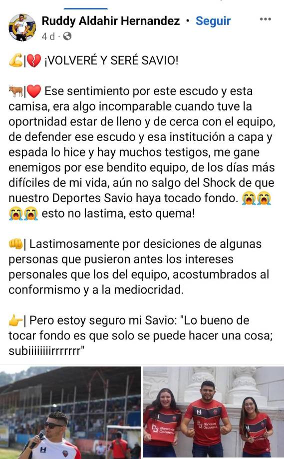 El descenso a la Liga Mayor del Deportes Savio ha generado consternación en las redes sociales. En Facebook varios aficionados y exjugadores expresaron su tristeza.