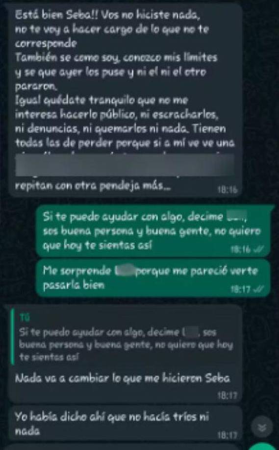 El portero Sosa, quien presuntamente se quedó dormido y no fue parte del acto de abuso (algo confirmado por ella misma en los chats), dice quedarse “<i>helado</i>” por lo que le contaba la periodista abusada.