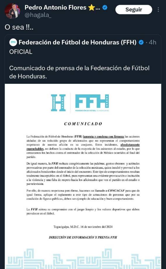 En México mostraron su inconformidad ante el comunicado de la Federación de Fútbol de Honduras.