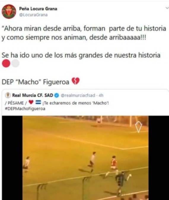 'Se ha ido uno de los más grandes de nuestra historia', así describen los aficionados del Real Murcia al exdelantero hondureño Roberto 'El Macho' Figueroa.