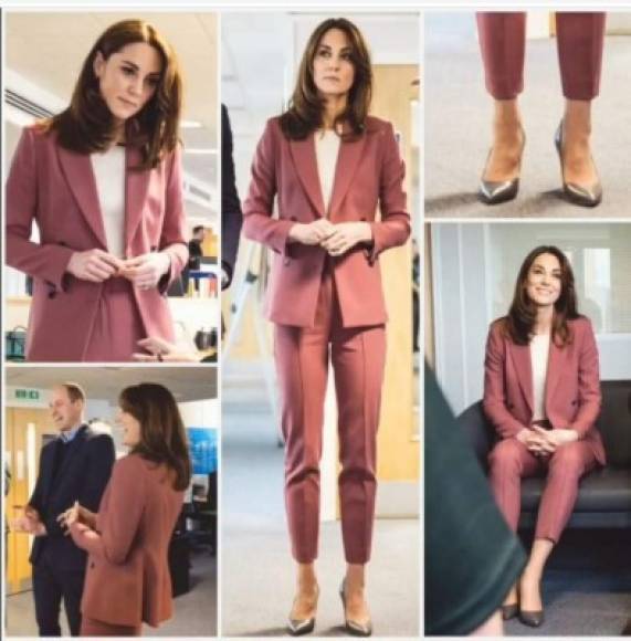 Kate lució sobria en un traje rosa de Marks & Spencer, con una sencilla blusa blanca y tacones en piel gris.