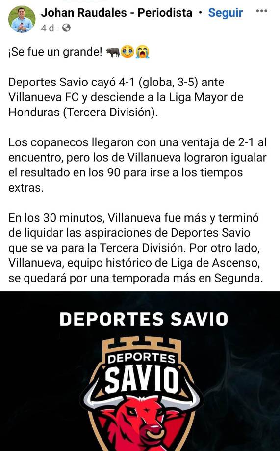 Deportes Savio es recordado con mucha nostalgia ya que fue un equipo protagonista en primera división. Luego pasó a la Liga de Ascenso y ahora tendrá que jugar en la Liga Mayor.