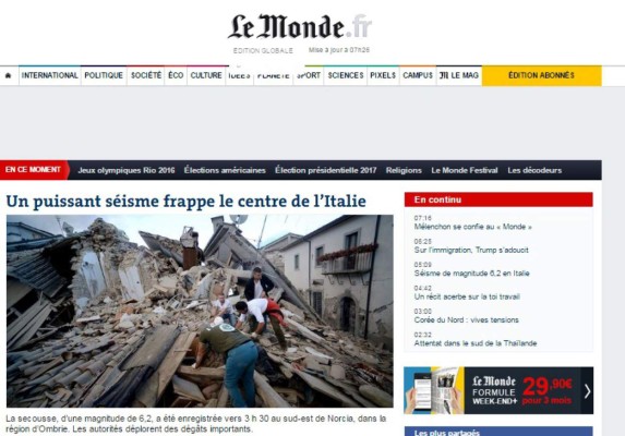 Así reportaron los medios internacionales sobre terremoto en Italia