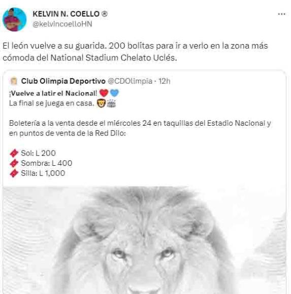 ”El León vuelve a su guarida. 200 bolitas para ir a verlo en la zona más cómoda”, indicó el periodista Kelvin Coello.