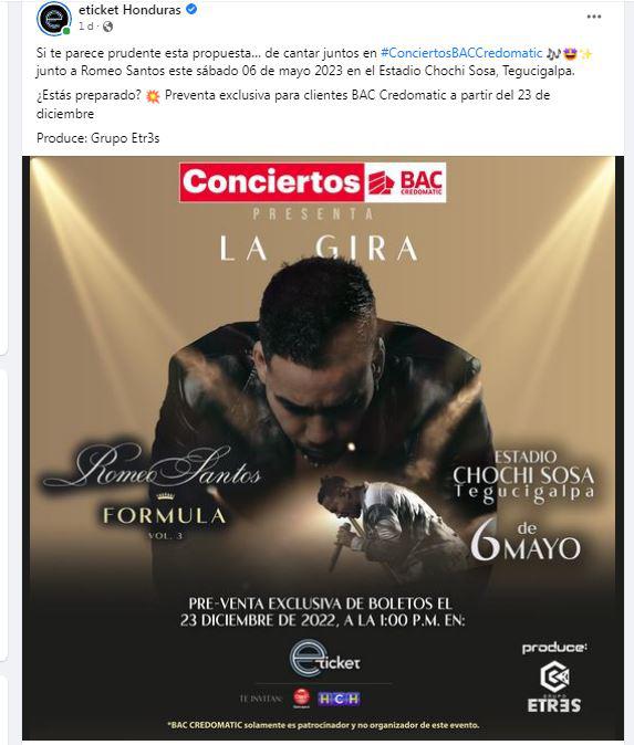 E-Ticket Honduras anunció que la preventa para clientes Bac Credomatic es este viernes 23 de diciembre.