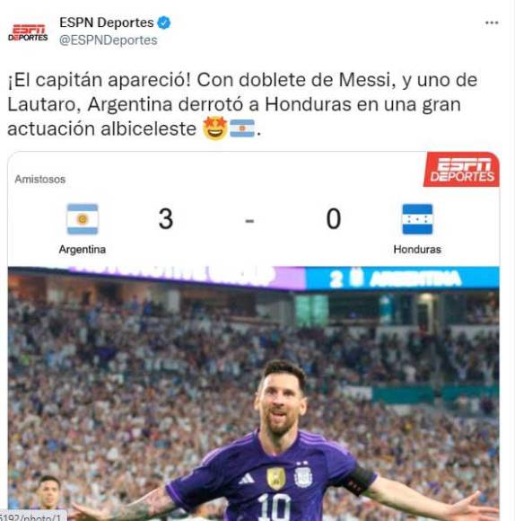 ESPN Deportes: “El capitán apareció. Con doblete de Messi y uno de Lautaro, Argentina derrotó a Honduras en una gran actuación albiceleste.”