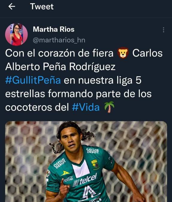 “Con el corazón de fiera Carlos Peña en nuestra Liga 5 estrellas”, indicó la guapa periodista Martha Rios.