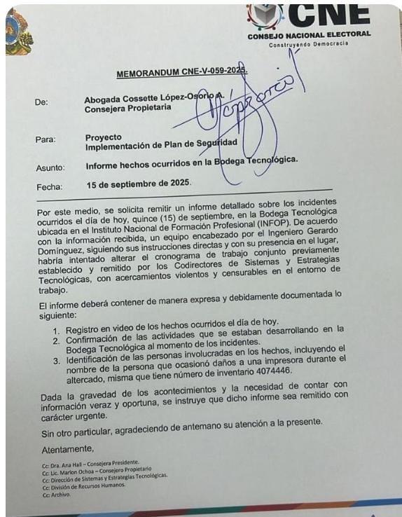 Solicitud de la consejera del CNE, Cossette López, sobre el supuesto incidente ocurrido en la bodega tecnológica del Infop.