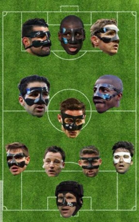Un posible once inicial de jugadores que han utilizado máscara durante su etapa en el Chelsea. Portería: Cech - Defensa: Paulo Ferreira, Terry, Cahill, Azpilicueta - Mediocampo: Matic, Fabregas, Ramires - Delantera: Torres, Costa y Demba Ba.