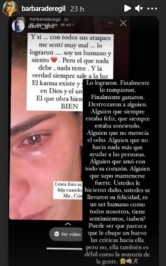 'Con todos sus ataques me sentí mal, lo lograron, soy un humano, lo siento. Pero el que nada debe, nada teme. La verdad siempre sale a la luz', escribió en la plataforma digital la influencer.