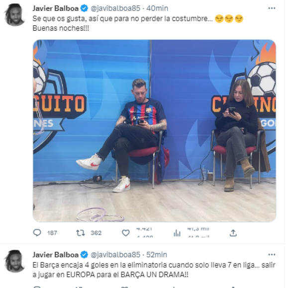 Javier Baloba de El Chiringuito: “El Barça encaja 4 goles en la eliminatoria cuando solo lleva 7 en liga... salir a jugar en EUROPA para el BARÇA UN DRAMA!!”.