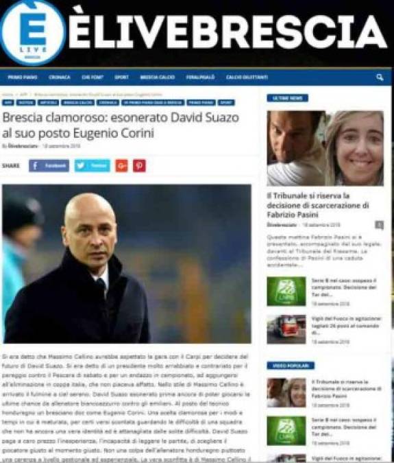 Elive Brescia informa detalles sobre lo que provocó la salida de Suazo: 'Se dijo que el presidente estaba muy enojado y decepcionado por el empate contra Pescara el sábado y se suma la eliminación en la Copa de Italia'.