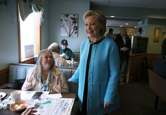MANCHESTER, NH - FEBRUARY 08: Democratic presidential candidate former Secretary of State Hillary Clinton greets pattrons at Chez Vachon on February 8, 2016 in Manchester, New Hampshire. With one day to go before the New Hampshire primaries, Hillary Clinton continues to campaign throughout the state. Justin Sullivan/Getty Images/AFP== FOR NEWSPAPERS, INTERNET, TELCOS & TELEVISION USE ONLY ==