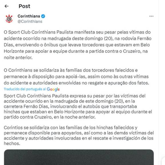 Corinthians emitió un comunicado donde lamentaba el fatal accidente. 