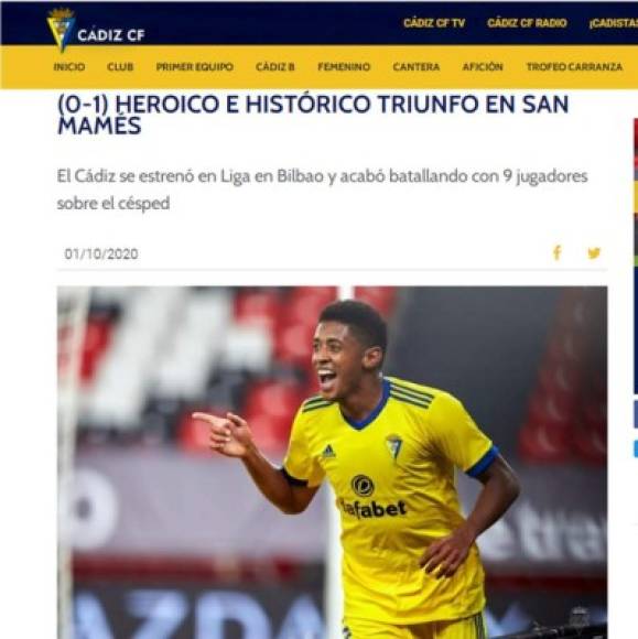 La página web del Cádiz en su crónica del partido - 'Heroico e histórico triunfo en San Mamés'. 'Los amarillos, que ya habían avisado, se adelantaron con una sensacional acción de ataque del Choco Lozano. El hondureño partió con velocidad desde la derecha para dar el pase de la muerte a Jens pero el balón fue interceptado por Unai López y la acción acabó en auto gol'.