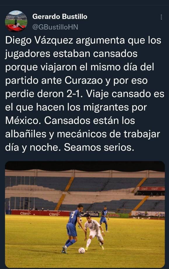 El periodista Gerardo Bustillo lanzó fuerte crítica y señaló que no es excusa lo de la llegada de la Bicolor a San Pedro Sula hasta el día del partido: “Cansados están los albañiles y mecánicos de trabajar día y noche. Seamos serios”, puntualizó.