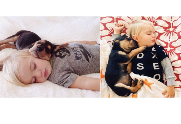 Fotos del bebé Beau que duerme con su perro Theo