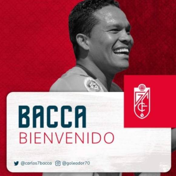 Oficial. El Granada y el colombiano Carlos Bacca llegaron a un acuerdo para que el delantero se convierta en nuevo jugador del equipo rojiblanco para la próxima temporada, confirmó el club andaluz.