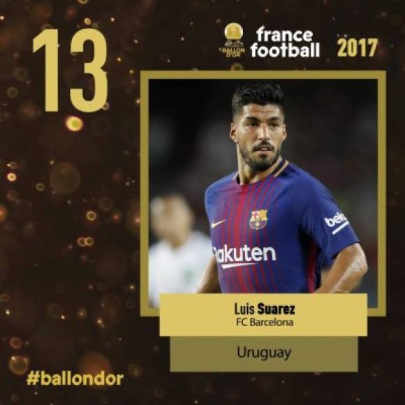 El uruguayo Luis Suárez, del Barcelona, en el puesto 13.