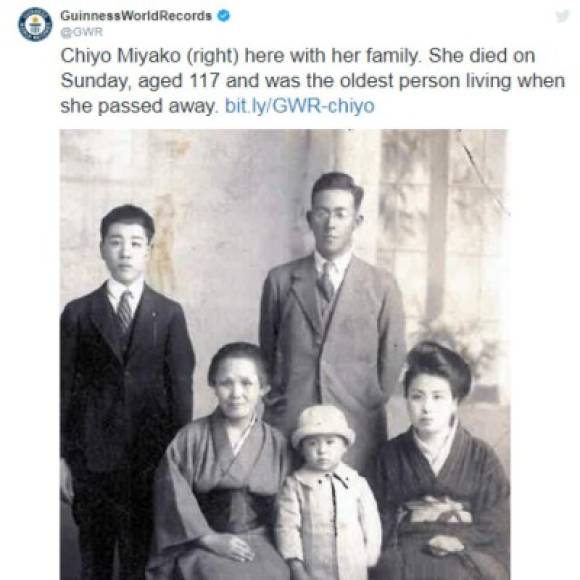El anterior récord le pertenecía a Chiyo Miyako, otra mujer japonesa que vivió hasta los 117 años, falleciendo en julio de 2018, mientras que la persona con mayor edad registrada fue Jeanne Louise Calment, una francesa que vivió 122 años.<br/>