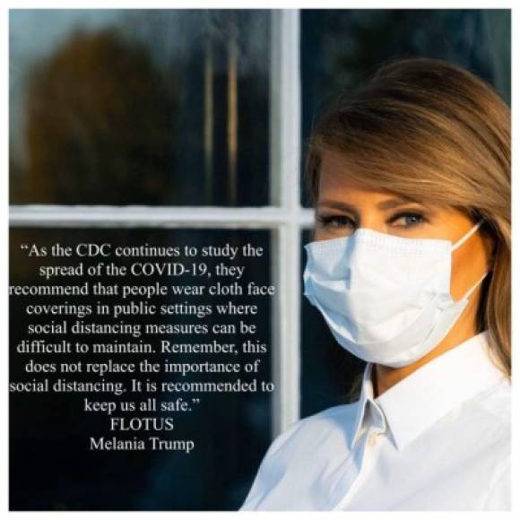 La primera dama también compartió en su cuenta de Instagram un mensaje de los Centro de Control y Prevención de Enfermedades de EEUU (CDC), instando a los estadounidenses a utilizar una mascarilla para evitar el contagio del coronavirus.