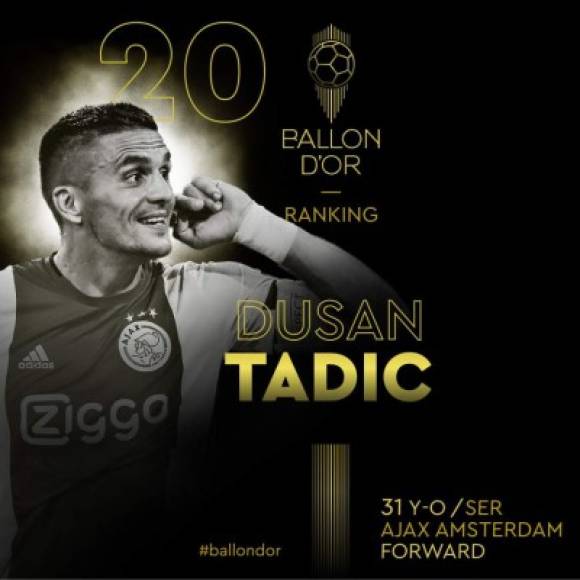 Dusan Tadic, centrocampista serbio del Ajax, también aparece en el puesto 20 compartido con Aubameyang.