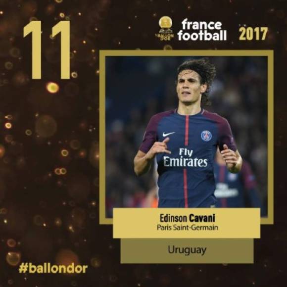 El uruguayo Edinson Cavani, del PSG, en el puesto 11.