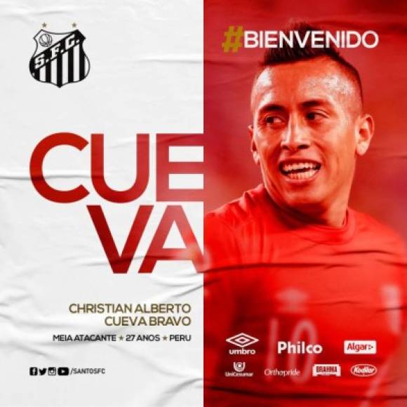 El Santos de Brasil obtiene la cesión del medio-ofensivo peruano Christian Cueva por un año con obligación de compra por 6.000.000 €. Firma hasta junio de 2022.