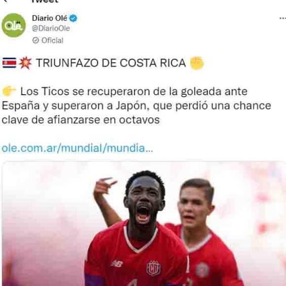 Diario Olé de Argentina: “Triunfazo de Costa Rica.”