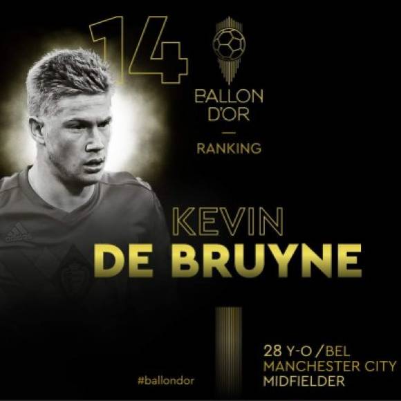 Kevin de Bruyne, mediocampista belga del Manchester City, fue ubicado en el puesto 14 del ranking.