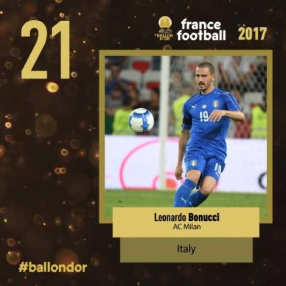 El italiano Leonardo Bonucci, por su temporada en la Juventus (ahora está en el Milan), en el puesto 21 que es compartido.