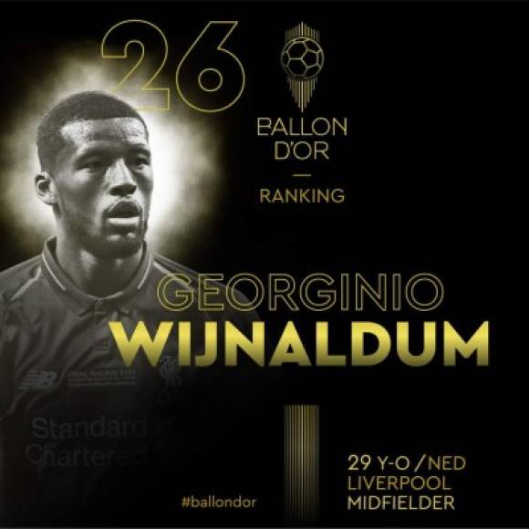 El puesto 26 del ranking del Balón de Oro lo comparte Benzema con el holandés Georginio Wijnaldun del Liverpool.