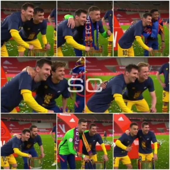 Esta fue una de las imágenes de la celebración. Luego de la consagración en la Copa del Rey, los jugadores del Barcelona desfilaron para sacarse una foto con el trofeo, ¡y con Messi!. ¡Momentazo!