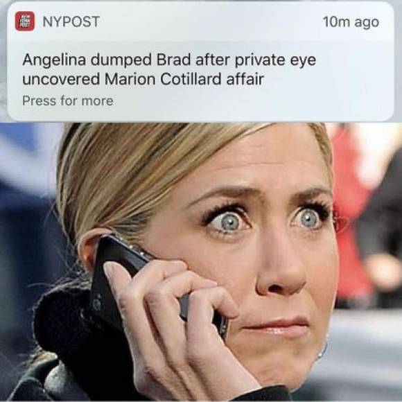 Meme de la reacción de Jennifer Aniston al enterarse que Angelina botó a Brad Pitt después que encontrarlo en yate con Marion Cotillard.