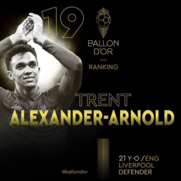 Trent Alexander-Arnold, lateral derecho inglés del Liverpool, aparece en el puesto 19 del ranking.