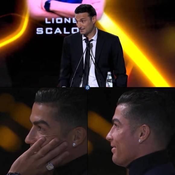 La reacción de Cristiano Ronaldo cuando Lionel Scaloni dedicaba en el escenario su premio de los Globe Soccer Awards.