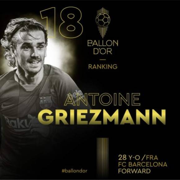 Antoine Griezmann, delantero francés del Barcelona y exAtlético de Madrid, ha sido ubicado en el puesto 18 del ranking.