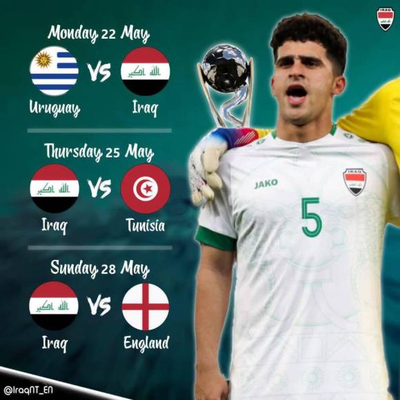 La Selección Sub-20 de Irak debuta este lunes por el Grupo E en el Mundial de Argentina. Sus partidos serán ante Uruguay, Túnez e Inglaterra.
