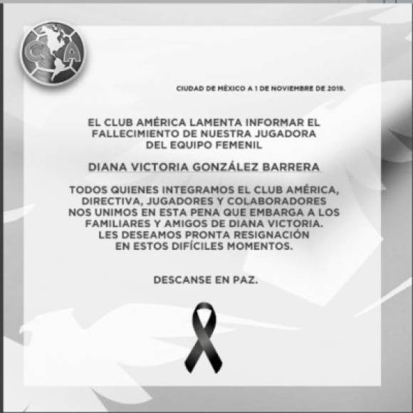 'Lamentamos profundamente el sensible fallecimiento de Diana Victoria González Barrera, amiga y compañera, jugadora de nuestro equipo femenil', escribieron en sus redes sociales.<br/>