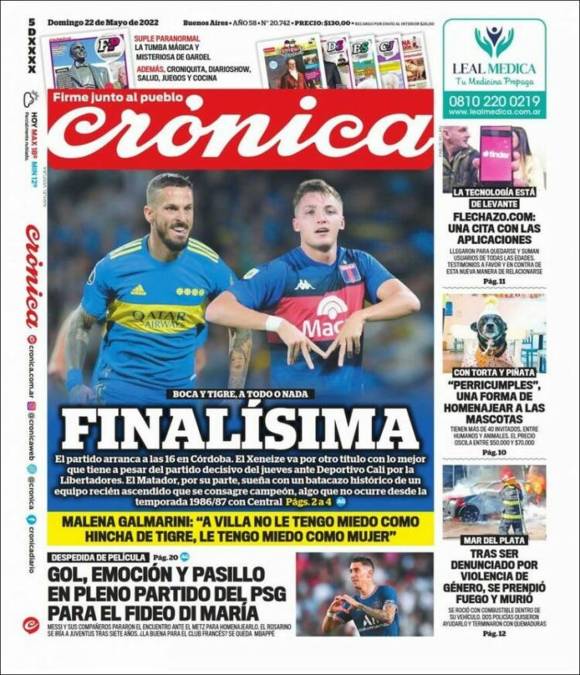 Diario Crónica (Argentina) - “Despedida de película. Gol, emoción y pasillo en pleno partido del PSG para El Fideo Di María”. “¿La buena noticia para el club francés? Se queda Mbappé”.