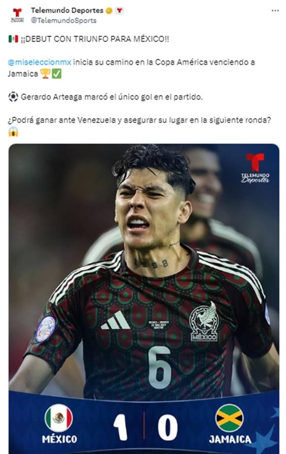 Telemundo - “¡Debut con triunfo para México! Inicia su camino en la Copa América venciendo a Jamaica”.