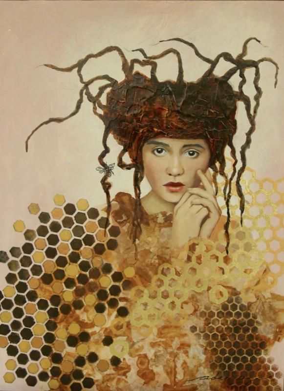 Esta obra pertenece a la serie “De la Monarquía Femenina al Silencio del Mundo”, relacionada con las abejas.