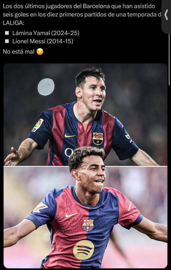 En redes compararon los números de Lamine Yamal y Lionel Messi con el Barcelona en distintas temporadas.
