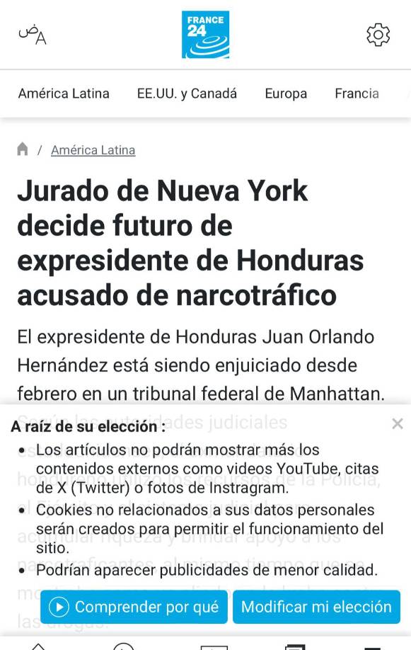 France informa: Jurado de Nueva York decide futuro de expresidente de Honduras acusado de narcotráfico. 