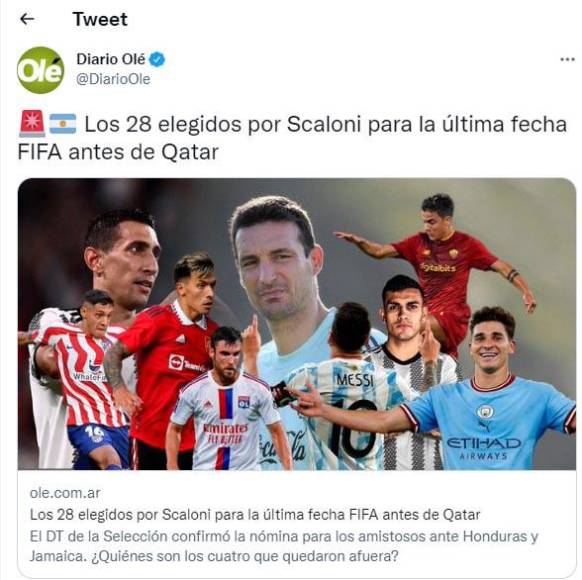 Diario Olé de Argentina informó de esta manera la convocatoria de La Albiceleste para los amistosos ante Honduras y Jamaica.