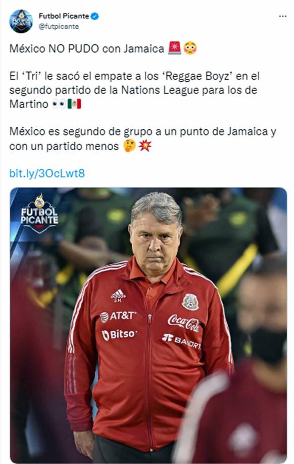 Fútbol Picante de ESPN - “México no pudo con Jamaica. El ‘Tri’ le sacó el empate a los ‘Reggae Boyz’ en el segundo partido de la Nations League para los de Martino. México es segundo de grupo a un punto de Jamaica y con un partido menos”.